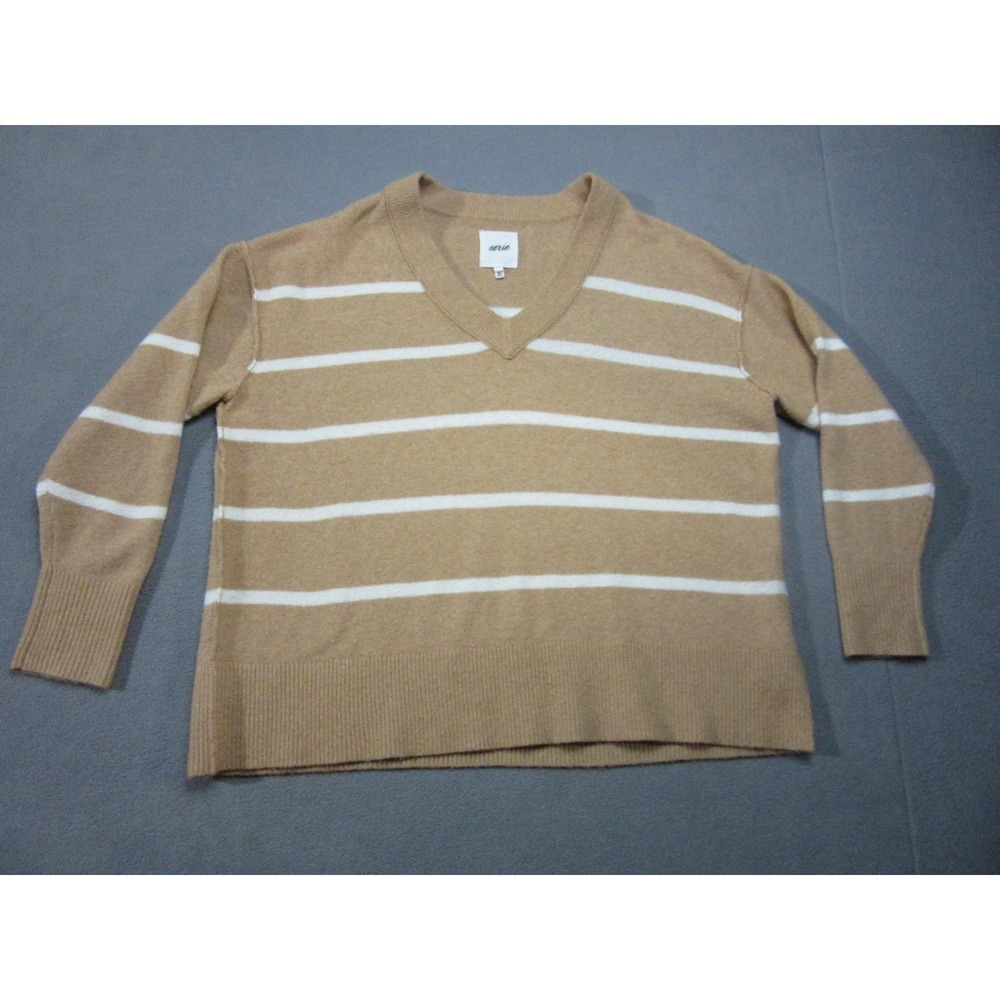 Aerie Sweater Womens Medium Beige White Striped V Neck Knit Pullover Casual